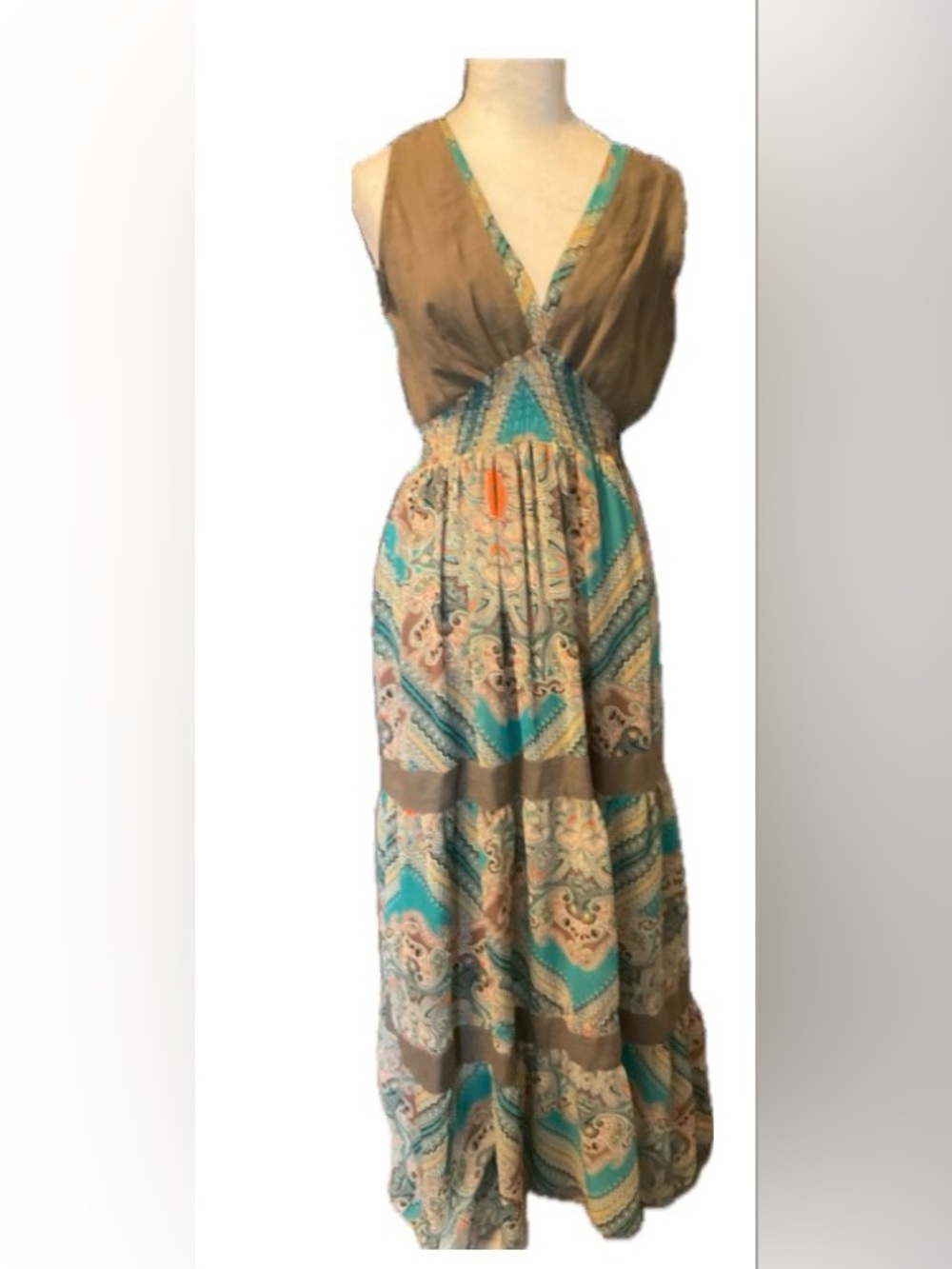 Eva Tralala Paris Vintage Style tiered  Paisley Maxi Dress in Teal and Brown